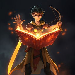 A central figure named Amara stands confidently, holding an open book that radiates a magical glow, symbolizing an enchanting realm within