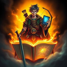 A central figure named Amara stands confidently, holding an open book that radiates a magical glow, symbolizing an enchanting realm within
