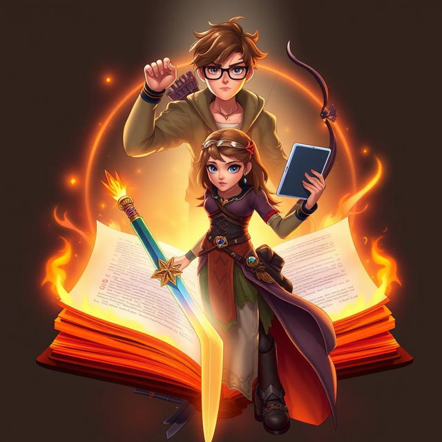 A central figure named Amara stands confidently, holding an open book that radiates a magical glow, symbolizing an enchanting realm within