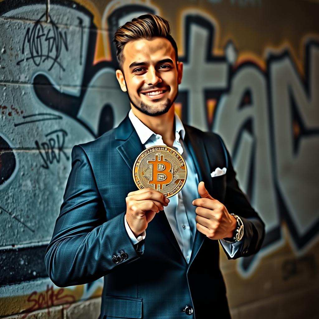 A handsome, wealthy man confidently holding a Bitcoin coin in his hand, standing against a wall with graffiti that reads 'Soltan Crypto'