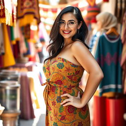 An Iranian woman standing confidently, showcasing her round hips and plump body
