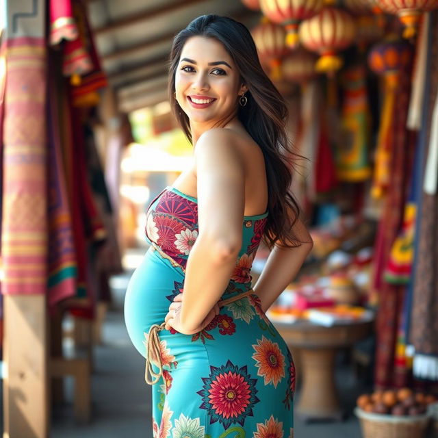 An Iranian woman standing confidently, showcasing her round hips and plump body