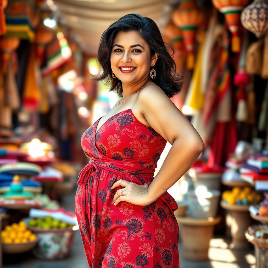 An Iranian woman standing confidently, showcasing her round hips and plump body