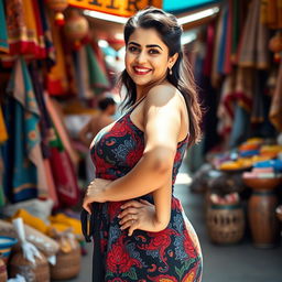 An Iranian woman standing confidently, showcasing her round hips and plump body