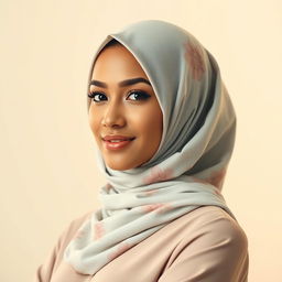 A portrait of a confident woman wearing a beautifully patterned hijab that elegantly covers her chest
