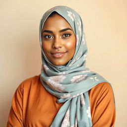 A portrait of a confident woman wearing a beautifully patterned hijab that elegantly covers her chest