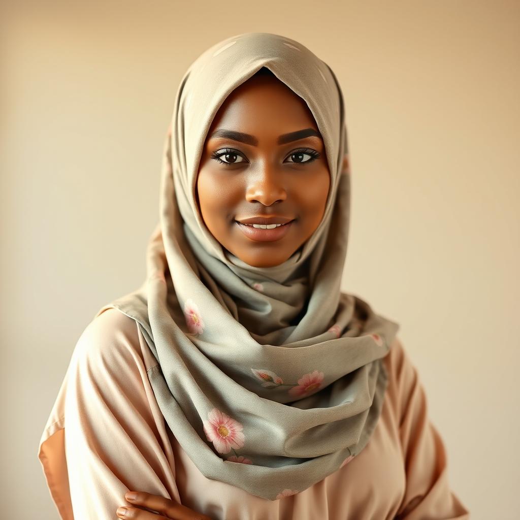 A portrait of a confident woman wearing a beautifully patterned hijab that elegantly covers her chest