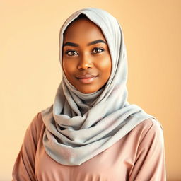 A portrait of a confident woman wearing a beautifully patterned hijab that elegantly covers her chest