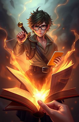 A mystical scene featuring a young man named Shiloh with tousled hair and eyeglasses, emerging from the glowing pages of an open book that Amarah is holding