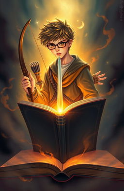 A mystical scene featuring a young man named Shiloh with tousled hair and eyeglasses, emerging from the glowing pages of an open book that Amarah is holding