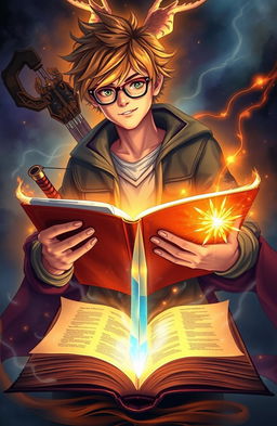 A mystical scene featuring a young man named Shiloh with tousled hair and eyeglasses, emerging from the glowing pages of an open book that Amarah is holding
