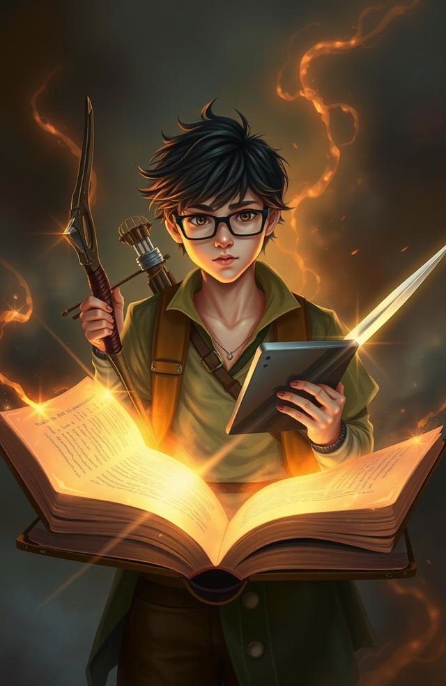 A mystical scene featuring a young man named Shiloh with tousled hair and eyeglasses, emerging from the glowing pages of an open book that Amarah is holding