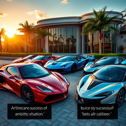A stunning and opulent scene featuring a lineup of expensive supercars, parked in front of a luxurious mansion with a beautiful sunset in the background