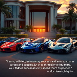 A stunning and opulent scene featuring a lineup of expensive supercars, parked in front of a luxurious mansion with a beautiful sunset in the background