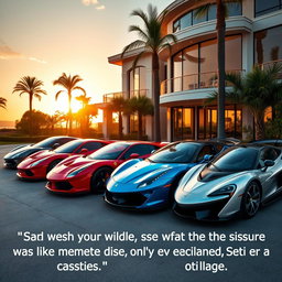 A stunning and opulent scene featuring a lineup of expensive supercars, parked in front of a luxurious mansion with a beautiful sunset in the background