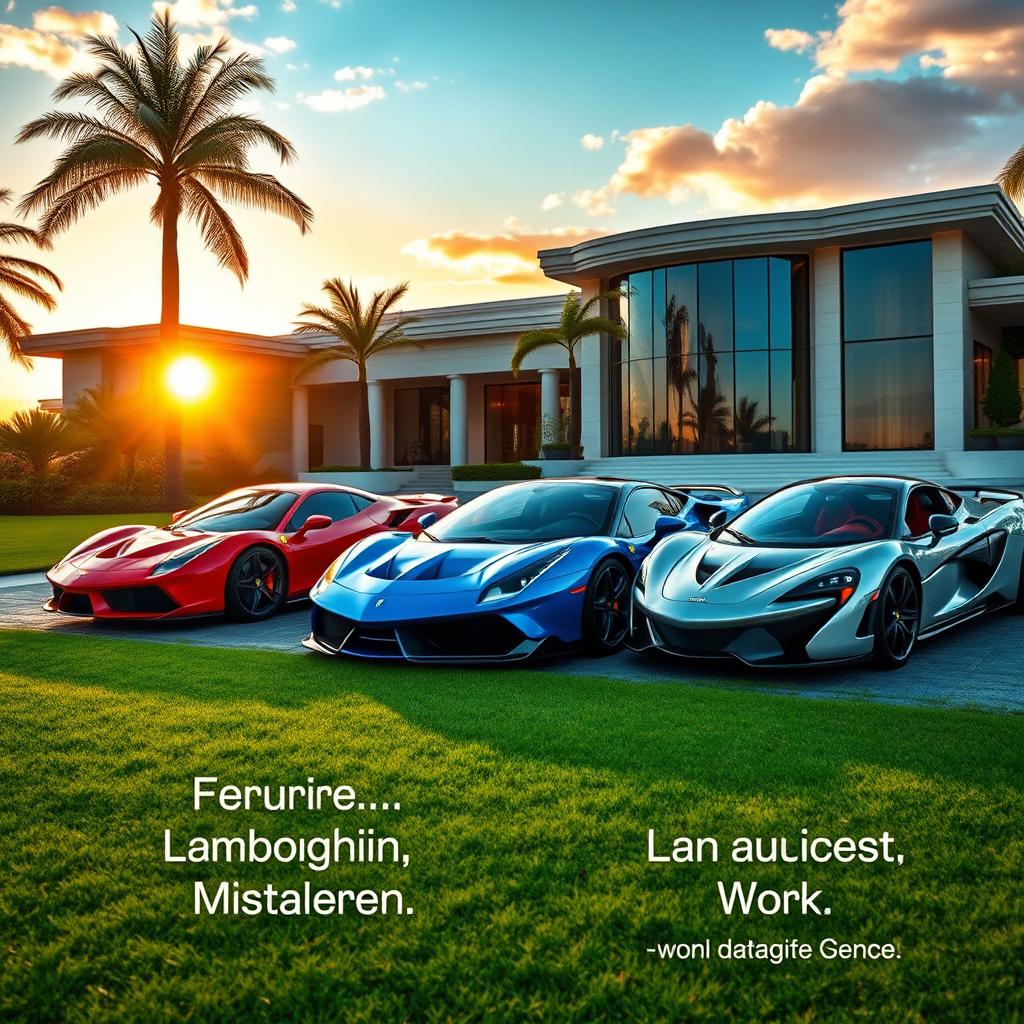 A stunning and opulent scene featuring a lineup of expensive supercars, parked in front of a luxurious mansion with a beautiful sunset in the background