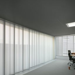 A spacious shared office with a white and gray interior, positioned facing a dramatic window curtain wall, immersing the workspace in natural light.