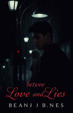 A dark and moody book cover for a psychological drama titled 'Between Love and Lies'