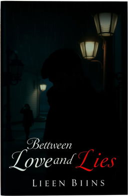A dark and moody book cover for a psychological drama titled 'Between Love and Lies'