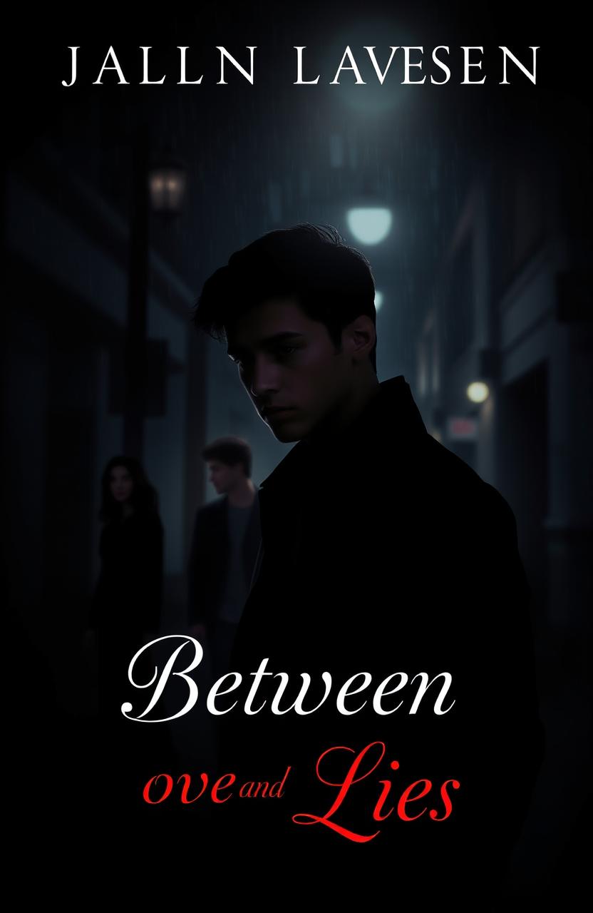 A dark and moody book cover for a psychological drama titled 'Between Love and Lies'