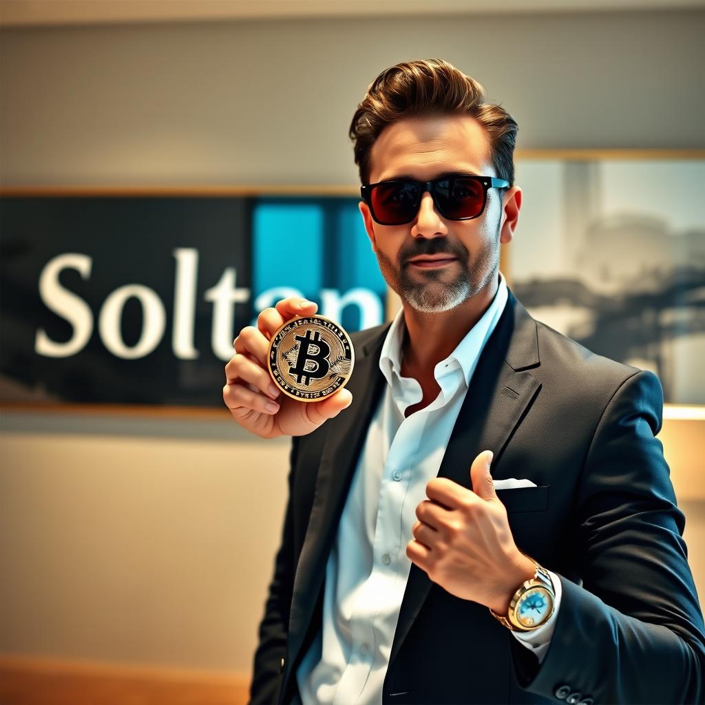 A stylish and wealthy man holding a Bitcoin coin in his hand, exuding confidence and sophistication