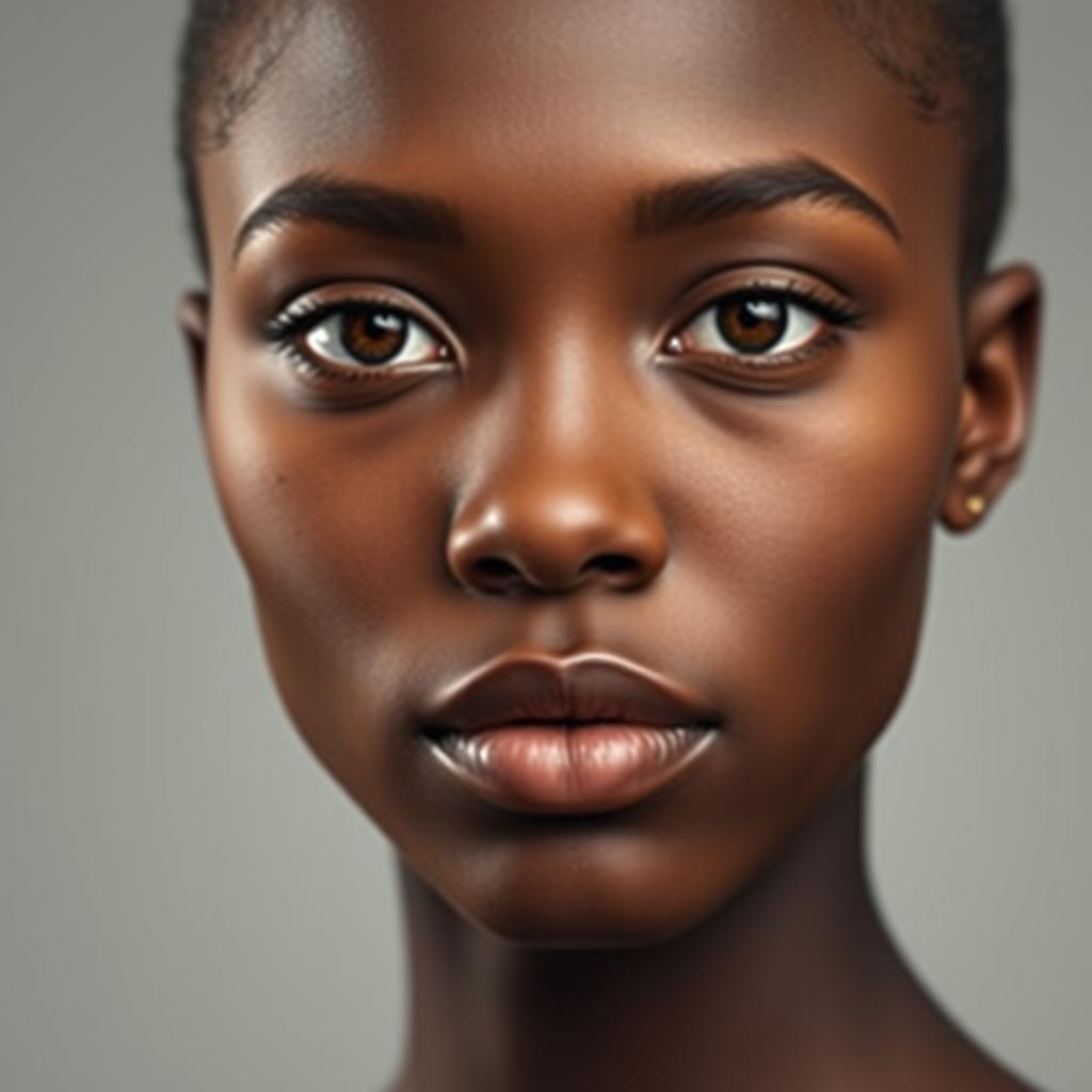 A portrait of a woman with a round face and wheat-colored skin, featuring a blend of black skin tones