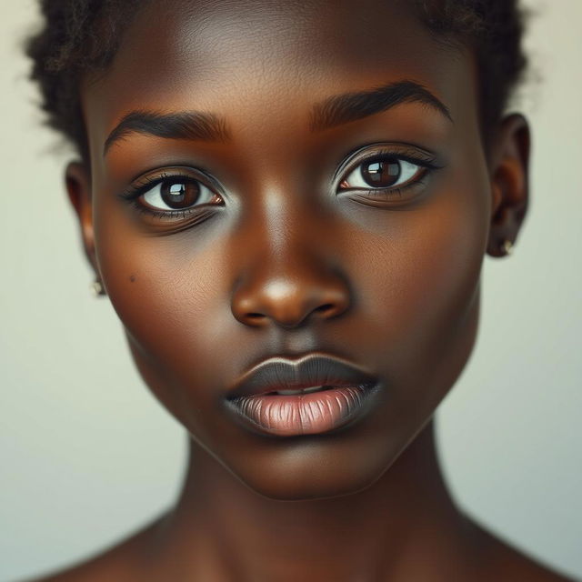 A portrait of a woman with a round face and wheat-colored skin, featuring a blend of black skin tones