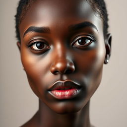 A portrait of a woman with a round face and wheat-colored skin, featuring a blend of black skin tones