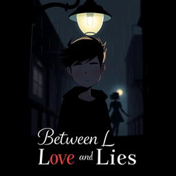 A dark, moody book cover for a psychological drama titled 'Between Love and Lies'
