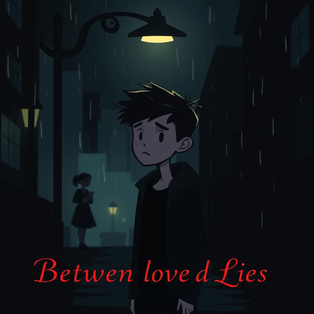 A dark, moody book cover for a psychological drama titled 'Between Love and Lies'