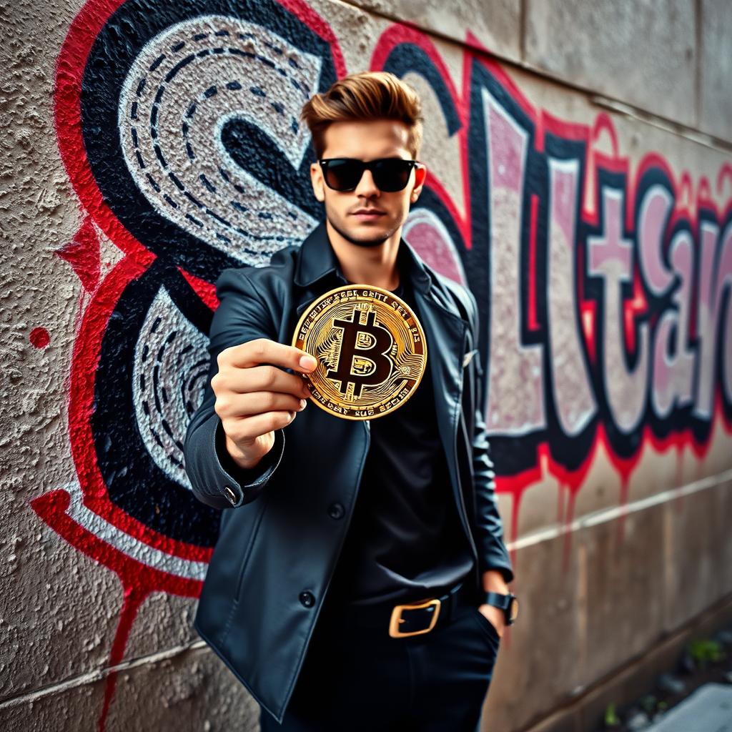 A stylish man holding a Bitcoin coin, standing against a wall that has 'SoltanCrypto' graffiti art on it