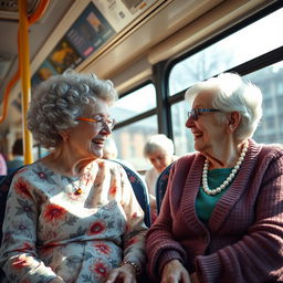 An interior scene showcasing two elderly women, both grannies, engaged in a lively conversation while sitting on a bus