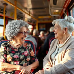 An interior scene showcasing two elderly women, both grannies, engaged in a lively conversation while sitting on a bus