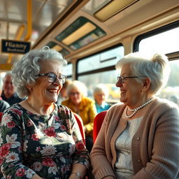 An interior scene showcasing two elderly women, both grannies, engaged in a lively conversation while sitting on a bus