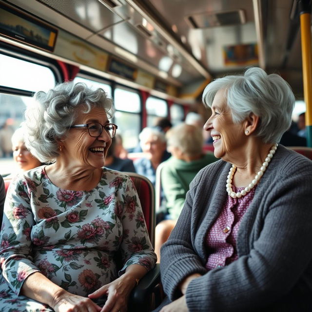 An interior scene showcasing two elderly women, both grannies, engaged in a lively conversation while sitting on a bus