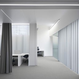 A spacious shared office with a white and gray interior, positioned facing a dramatic window curtain wall, immersing the workspace in natural light.