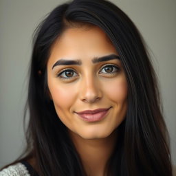 Portrait of an Iranian woman with a round face, wheat-colored skin, and long black hair that cascades elegantly
