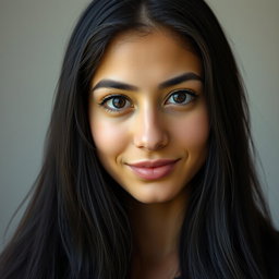 Portrait of an Iranian woman with a round face, wheat-colored skin, and long black hair that cascades elegantly