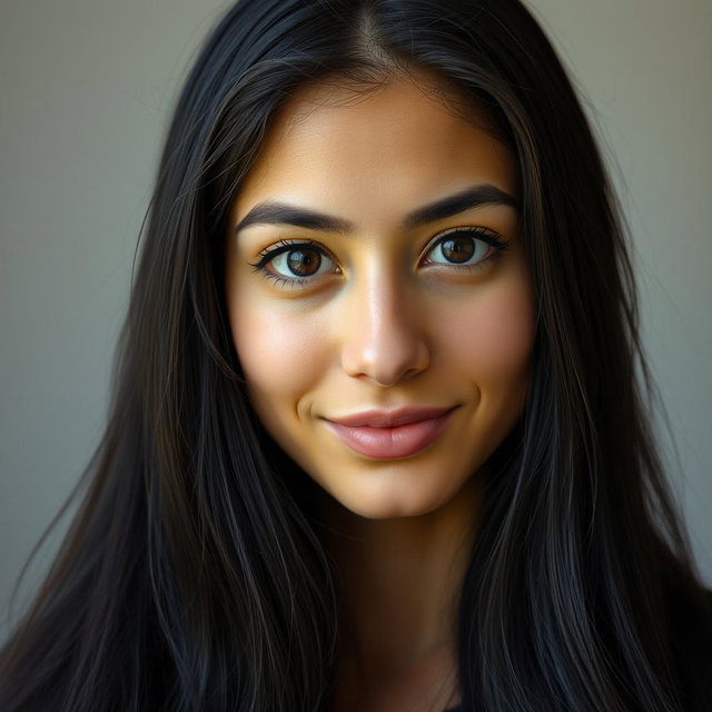 Portrait of an Iranian woman with a round face, wheat-colored skin, and long black hair that cascades elegantly