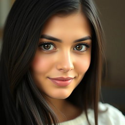 Portrait of an Iranian woman with a round face, wheat-colored skin, and long black hair that cascades elegantly