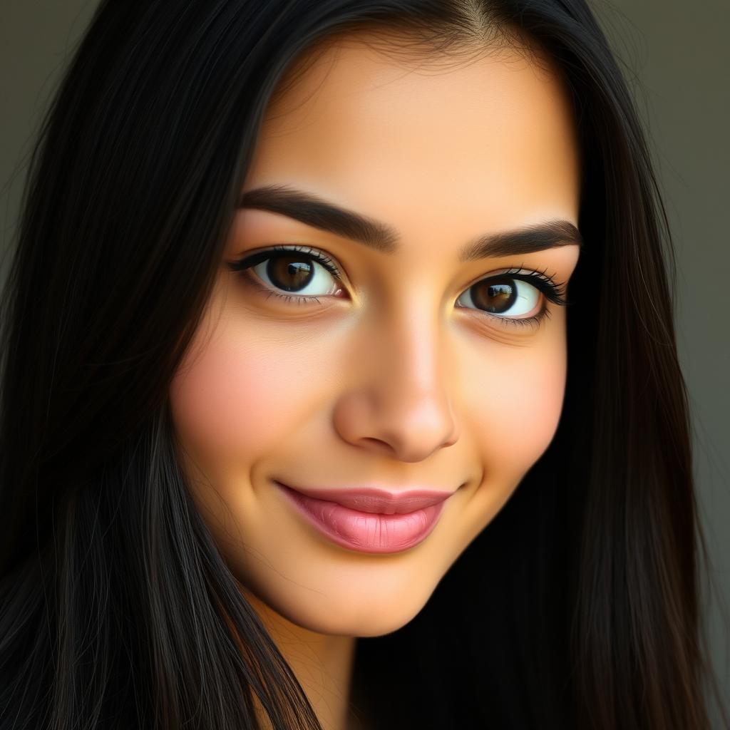 Portrait of an Iranian woman with a round face, wheat-colored skin, and long black hair that cascades elegantly