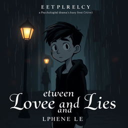 A dark, moody book cover for a psychological drama titled 'Between Love and Lies'