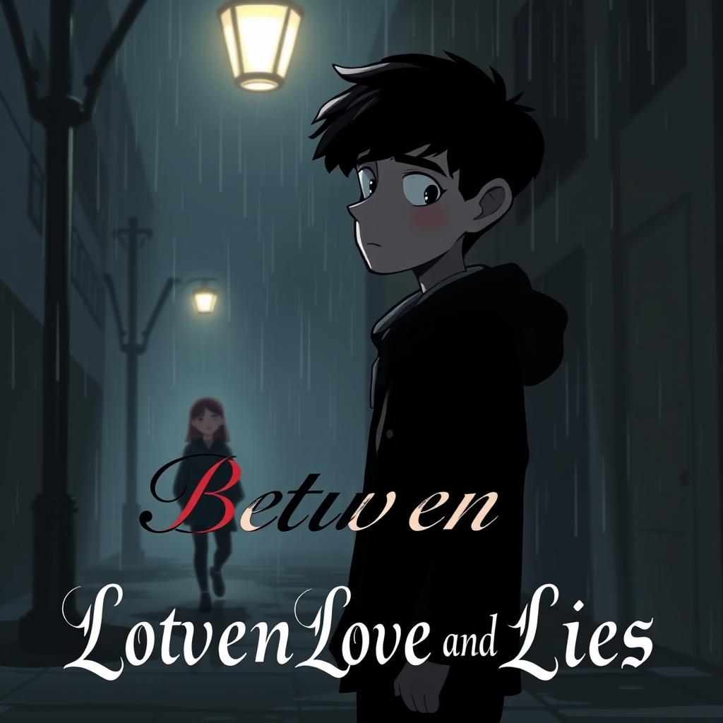 A dark, moody book cover for a psychological drama titled 'Between Love and Lies'