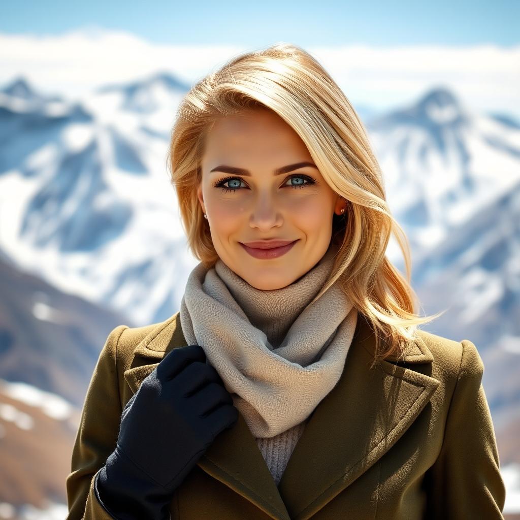 An enchanting Russian woman aged 35 to 45, featuring luxurious blonde hair styled in a trendy, sophisticated manner