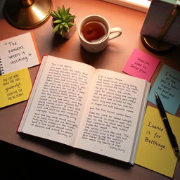 A beautifully arranged desk full of inspiration, showcasing an open journal filled with handwritten notes and reflections on life experiences and lessons learned