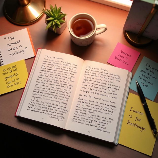A beautifully arranged desk full of inspiration, showcasing an open journal filled with handwritten notes and reflections on life experiences and lessons learned
