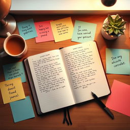 A beautifully arranged desk full of inspiration, showcasing an open journal filled with handwritten notes and reflections on life experiences and lessons learned