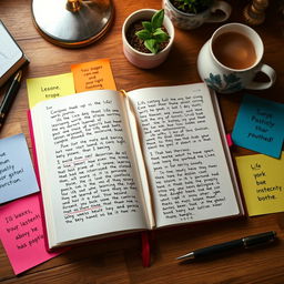 A beautifully arranged desk full of inspiration, showcasing an open journal filled with handwritten notes and reflections on life experiences and lessons learned