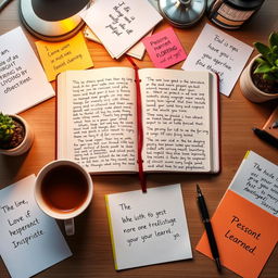 A beautifully arranged desk full of inspiration, showcasing an open journal filled with handwritten notes and reflections on life experiences and lessons learned