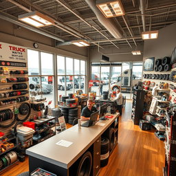 A well-organized truck parts store filled with a variety of truck components